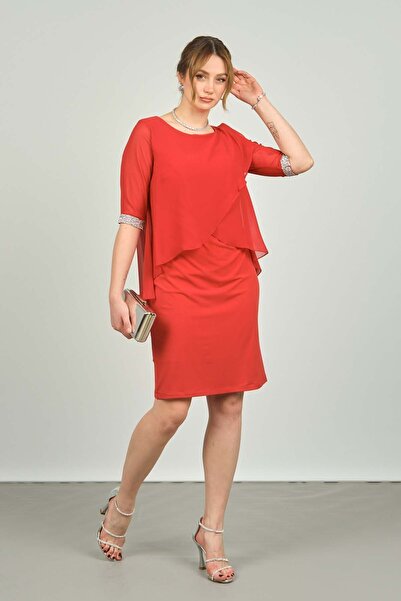 ESCOLL Kadın Sıfır Yaka Üstü Şifon Kol Manşetli Taşlı Abiye Elbise 1987 Kırmızı