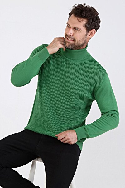 Çizgi Triko Men's Full Turtleneck Cotton Knitwear Sweater 4669e Green