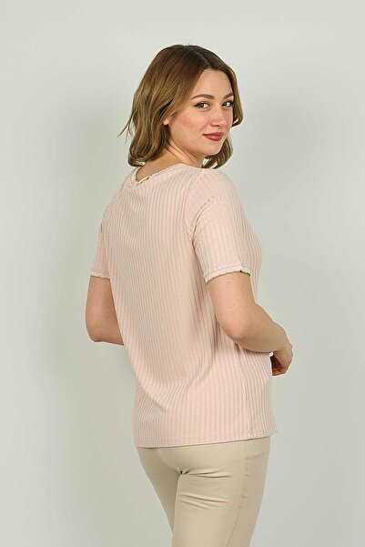 ELLA CAMELIA Γυναικεία ριγέ μπλούζα με κοντό μανίκι 1E027 σε σκόνη