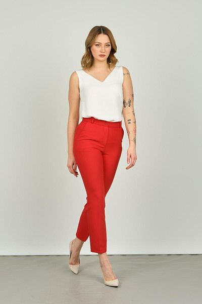 F&A Textile Women's Double Pocket Ankle Length Skinny Leg Trousers 7002 Red