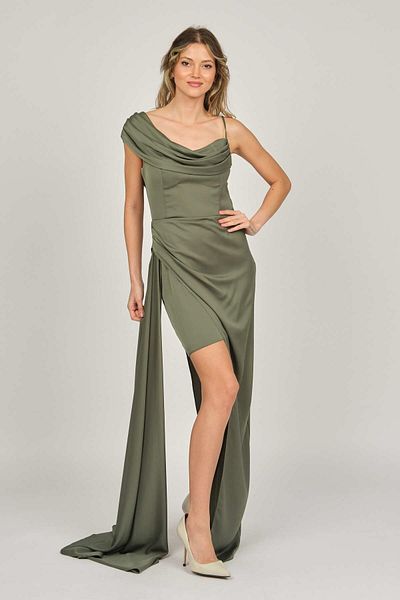 DORİDORCA Women's One Shoulder Detailed Evening Dress 5924030 Khaki