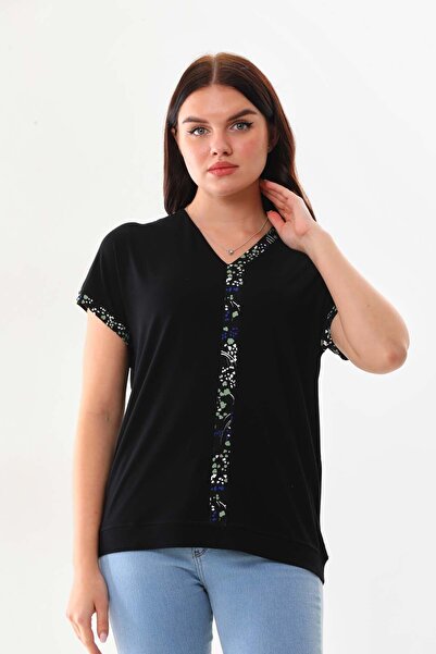 Sistas Γυναικεία μπλούζα με κοντό μανίκι με μοτίβο V λαιμόκοψη 23151 Μαύρη