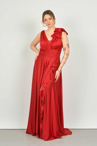 Saygın Women's Ruffle Detailed Wide Strap Long Evening Dress 1414 Red