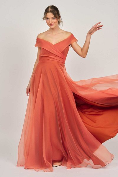 ŞEREF VURAL Women's Deep Slit Long Evening Dress 5437888 Orange
