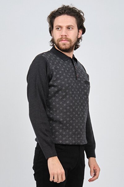 Çizgi Triko Men's Pocket Detailed Polo Neck Patterned Sweater 42544226 Melange Navy Blue