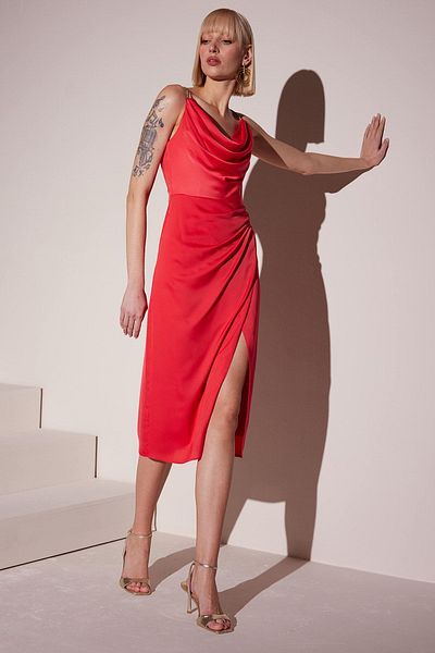 DORİDORCA Women's Midi Length Evening Dress 5026 Pomegranate