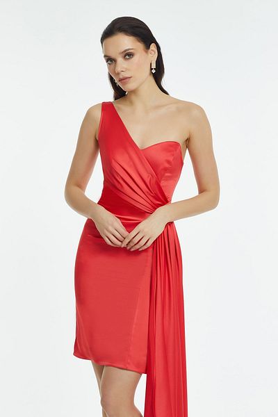 DORİDORCA Women's One Shoulder Evening Dress Pomegranate