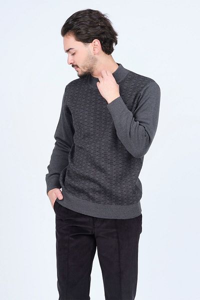 Ateş Triko Men's Half Fisherman Patterned Wool Sweater 6092074 Dark Gray