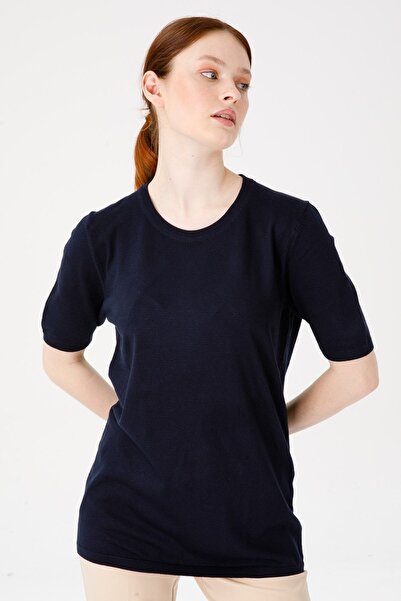 Desen Triko Жіноча блуза з прямим коміром 02420344 Темно-синя