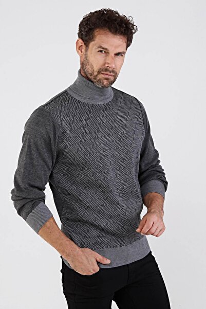Çizgi Triko Men's Full Turtleneck Knitwear Sweater 4604e Gray
