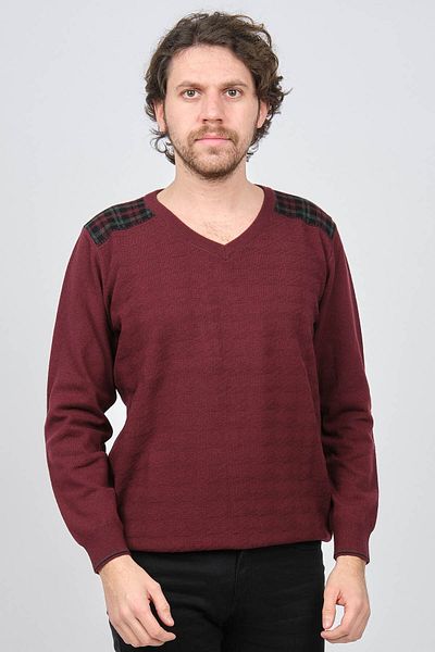 Desen Triko Men's V-Neck Pure Wool Sweater 0246538 Claret Red