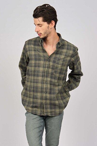 De Leone Men's Striped Long Sleeve Wool Finished Shirt 0171102 Green