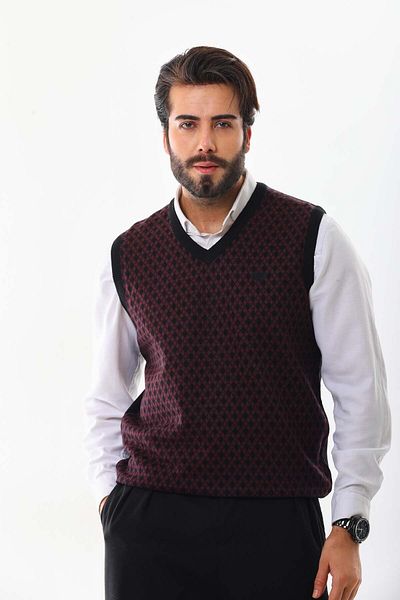 Pelikan Men's V-Neck Patterned Sweater 7627 Claret Red