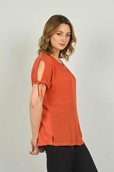 ELLA CAMELIA Women's Collar and Sleeve Detailed Patterned Blouse 19E008 Coral