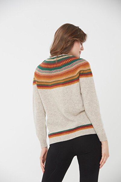 Desen Triko Γυναικείο μάλλινο πουλόβερ με μοτίβο με λαιμόκοψη 0242086 Μπεζ