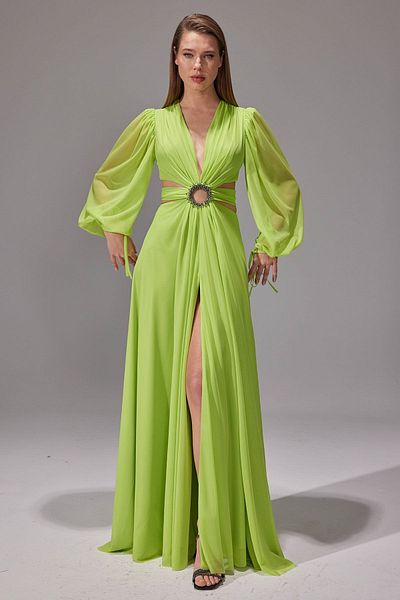 ŞEREF VURAL Women's Long Sleeve Chiffon Evening Dress 8135 Apple Green