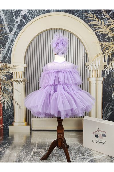 Hobidik Rochie pentru copii din tul pufos liliac - Detaliu perlat