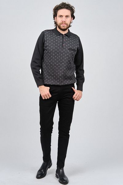 Çizgi Triko Men's Pocket Detailed Polo Neck Patterned Sweater 42544226 Melange Navy Blue