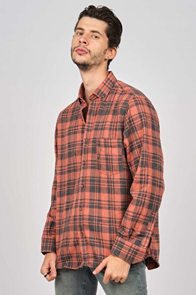 De Leone قميص رجالي مقلم بأكمام طويلة من الصوف 0171102 برتقالي