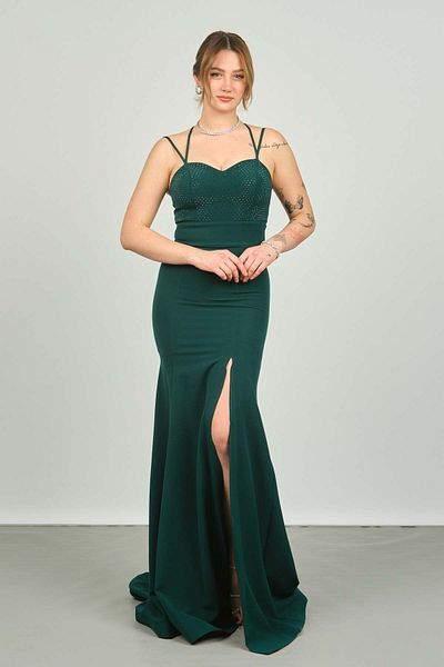 ESCOLL Women's Long Evening Dress with Stone Detail on the Front and Back 1821 Emerald