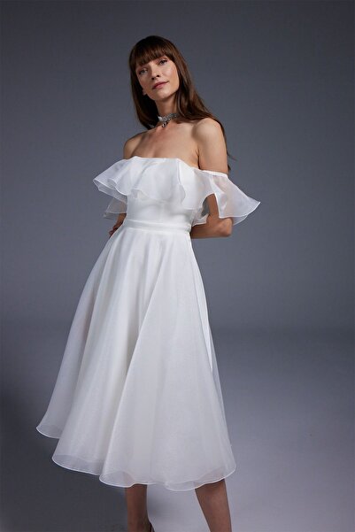 DORİDORCA Doridorca Strapless Neck Midi βραδινό φόρεμα 6013 - Λευκό off the Shoulder