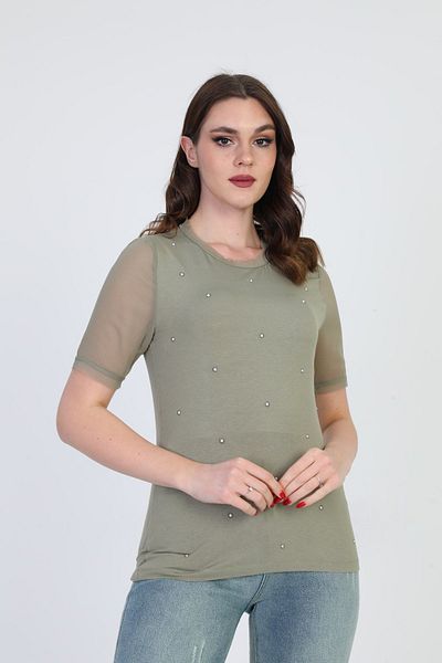 ELLA CAMELIA Women's Stone Detailed Blouse 19e056 Khaki