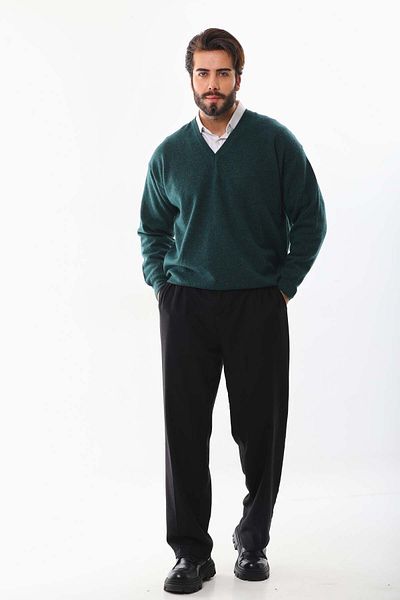 San&Fa Sanfa Men's V-Neck Pure Wool Sweater 4103 Green