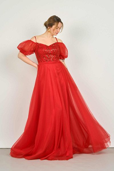 Saygın Women's Balloon Sleeve Strap Sequined Tulle Long Evening Dress 3488 Red