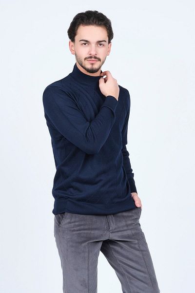 Woolen World Мъжки вълнен пуловер с десен и половин яка, плетен 5596983, тъмносин