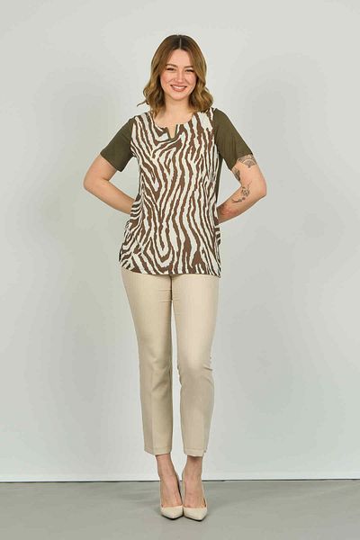 ELLA CAMELIA Women's Zebra Patterned Short Sleeve Blouse 20E016 Khaki