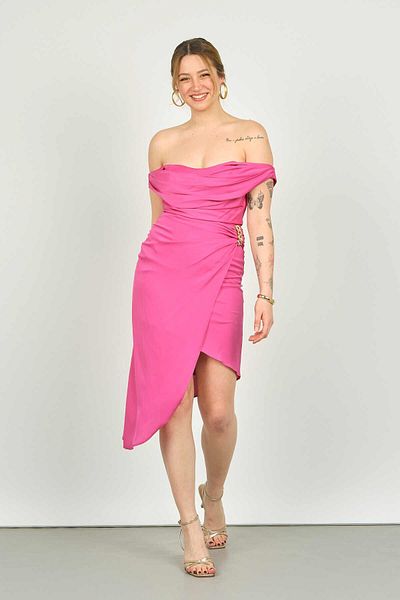 DORİDORCA Doridorca Women's Asymmetrical Midi Length Evening Dress 5015 Fuchsia