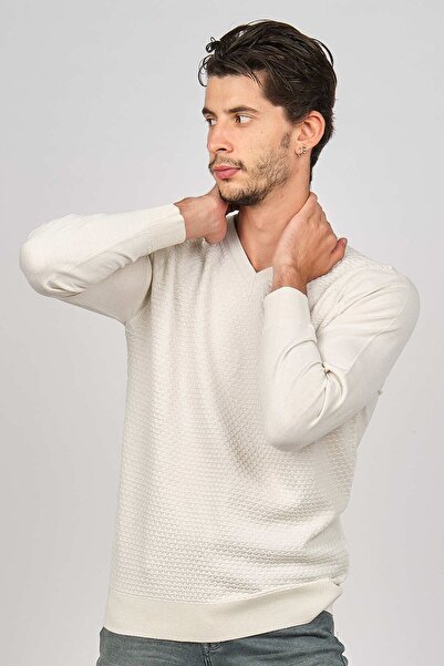 Desen Triko Чоловічий вовняний светр з V-подібним вирізом 0249617 Кістковий