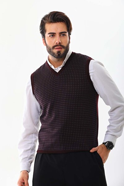 Pelikan Men's V-Neck Patterned Wool Sweater 4P17 Claret Red