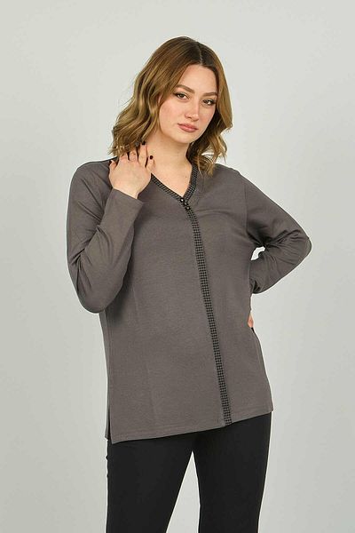 Detay Triko Women's V-Neck Stone Detailed Long Sleeve Blouse 4506 Gray