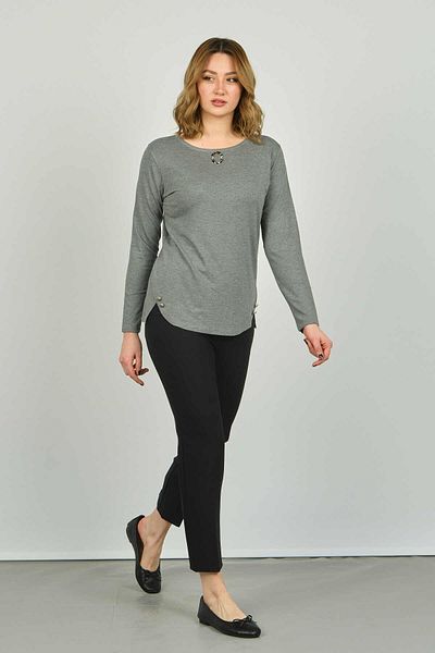 Sistas Women's Ornamental Buttoned Long Sleeve Blouse 23538 Gray