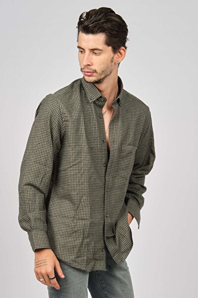 De Leone Men's Striped Long Sleeve Wool Finished Shirt 0171106 Green