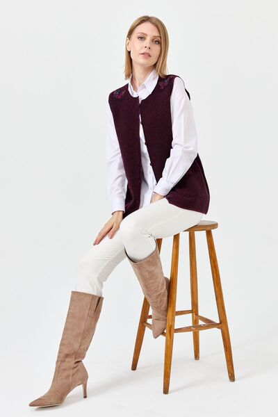 Desen Triko Women's Zero Collar Shoulder and Pocket Cover Felt Embroidered Button Vest 0242113 Plum