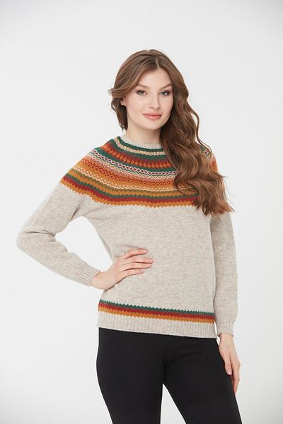 Desen Triko Pulover de lână cu model brodat pentru damă, cu gâtul turn, 0242086 bej