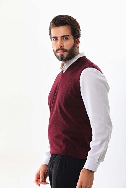 Günay Men's V-Neck Wool Sweater 0108 Claret Red