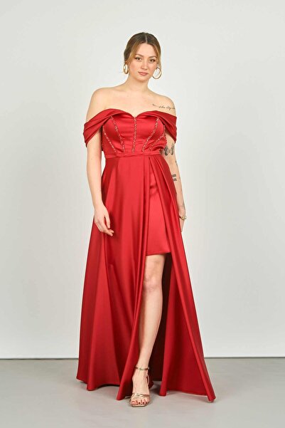 Saygın Women's Low Sleeve Corsage Flared Long Evening Dress 3475 Red