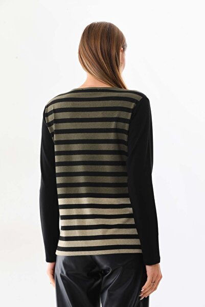 Sistas Γυναικεία ριγέ μπλούζα με σχισμή στο πλάι V λαιμόκοψη 23558 Πράσινη