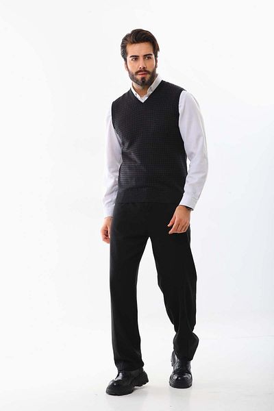 Pelikan Men's V-Neck Patterned Wool Sweater 4P17 Anthracite