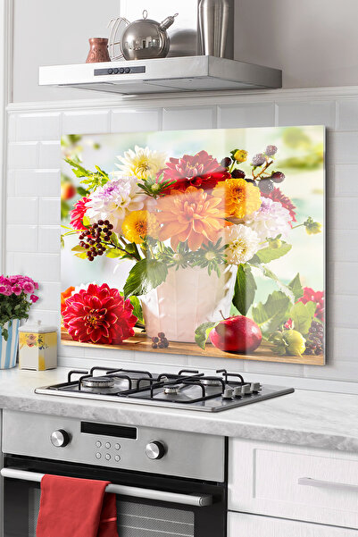 Onbiya Premium Mutfak Cam Ocak Arkası Koruyucu | Vazo Çiçek