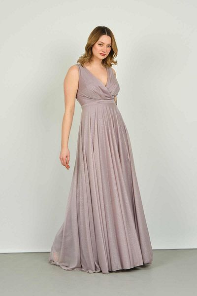 DORİDORCA Doridorca Women's Back Tie Detailed Glittered Long Evening Dress 1182 Mink