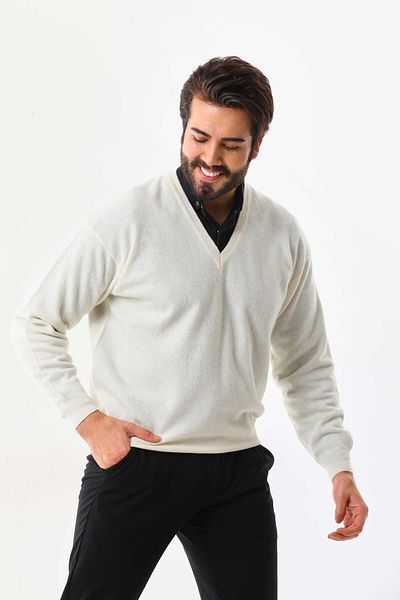 San&Fa Sanfa Men's V-Neck Pure Wool Sweater 4103 Cream