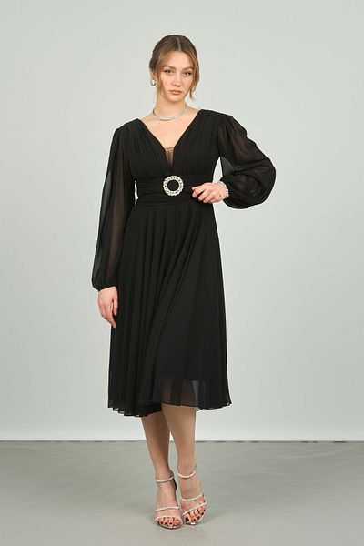 Dans Women's Sleeves Tulle Deep V Neck Evening Dress 1449 Black