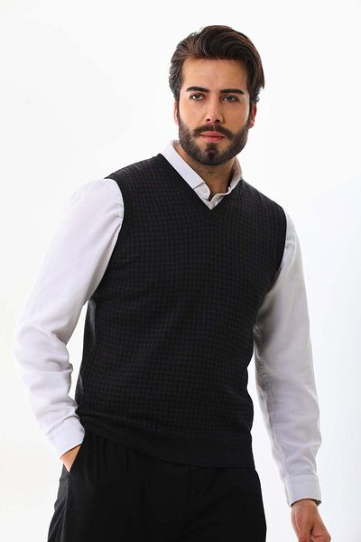 Pelikan Men's V-Neck Patterned Wool Sweater 4P17 Anthracite