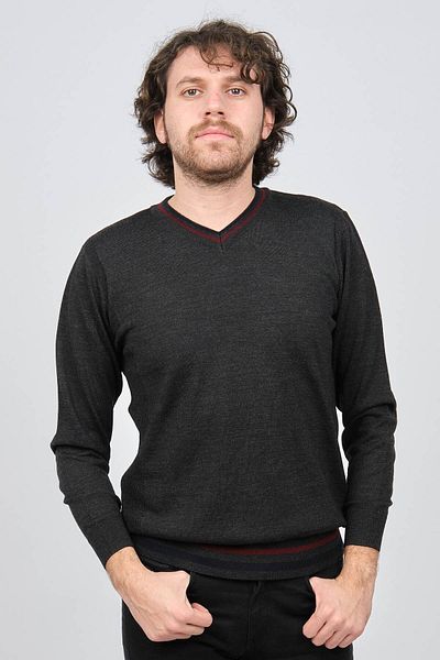 Desen Triko Men's Stripe Detailed V-Neck Wool Sweater 0247613 Smoked