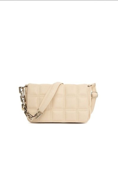 CuCu Bag's Γυναικεία τσάντα χεριού και ώμου με τετράγωνη κεντημένη αλυσίδα σε κρεμ χρώμα