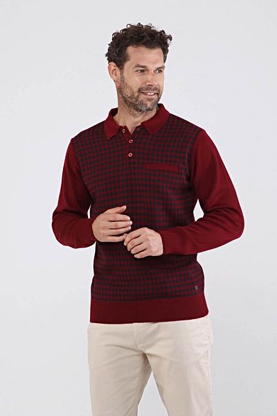 Çizgi Triko Claret Red Ανδρικό πλεκτό πουλόβερ με γιακά πόλο - 4605f Steel Knit
